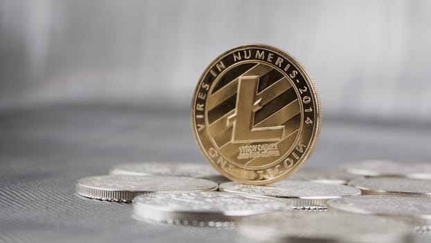 Digital currency physical gold litecoin coin on the silver coins.