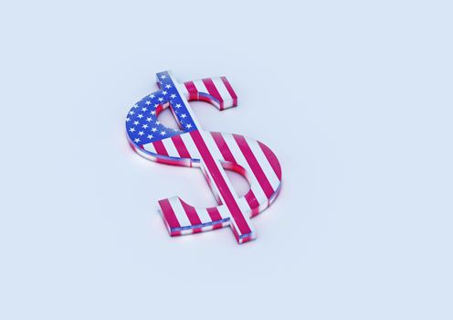 Dimensional sign of the dollar in color national flag of USA. 3D render.
