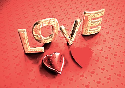 Dimensional inscription of LOVE and hearts near it. 3D illustration.