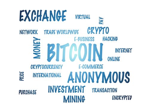 Word Cloud on a white background - Bitcoin. 3D illustration.