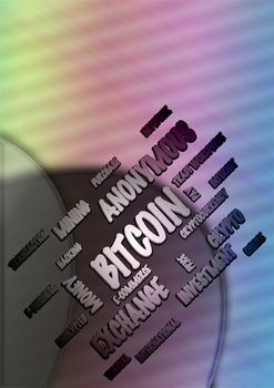 Word Cloud on a abstract background - Bitcoin. 3D illustration.