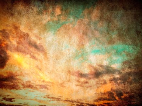 Vintage sunset sky and clouds background with paper texture.