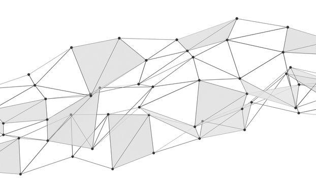 Concept of Network, Internet Communication. The black points are connected by lines and blue transparent triangles. 3D Illustration