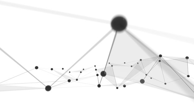 Concept of Network, Internet Communication. The black points are connected by lines and blue transparent triangles. 3D Illustration