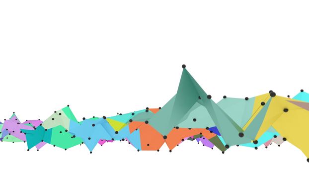 Concept of Network, Internet Communication. The black points are connected by lines and color polygons. 3D Illustration