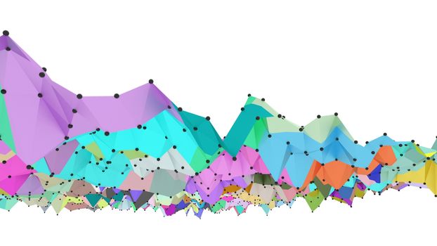 Concept of Network, Internet Communication. The black points are connected by lines and color polygons. 3D Illustration