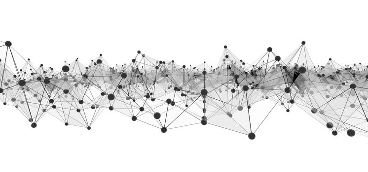 Concept of Network, Internet Communication. The black points are connected by lines and blue transparent triangles. 3D Illustration