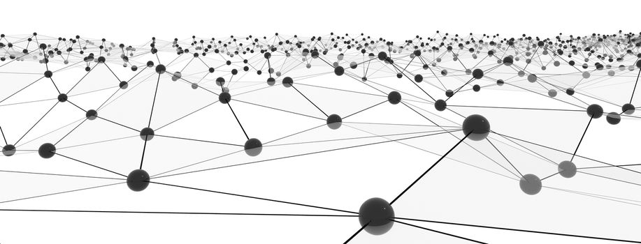 Concept of Network, Internet Communication. The black points are connected by lines and blue transparent triangles. 3D Illustration