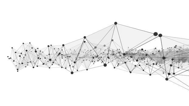 Concept of Network, Internet Communication. The black points are connected by lines and blue transparent triangles. 3D Illustration