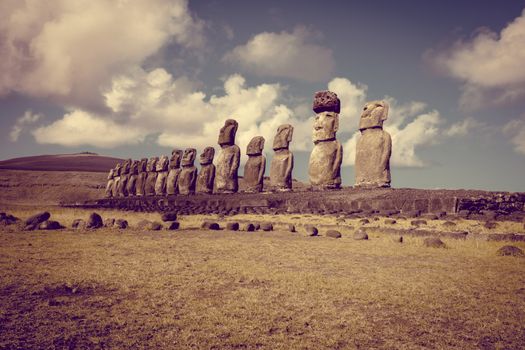 Moais statues, ahu Tongariki, easter island, Chile