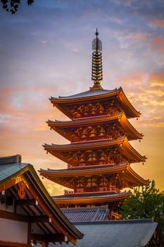 Pagoda at sunset in Senso-ji Kannon temple, Tokyo, Japan