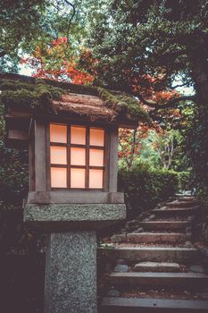 Lamp in Jojakko-ji Shrine temple, Arashiyama bamboo forest, Kyoto, Japan