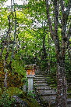 Lamp in Jojakko-ji Shrine temple, Arashiyama bamboo forest, Kyoto, Japan