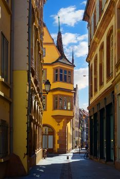 Street with historical houses in Petite France district in Strasbourg, France