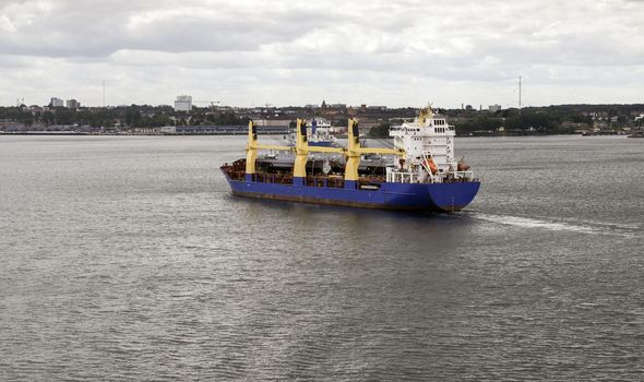 Big ship in the Kiel canal in north of Germany  