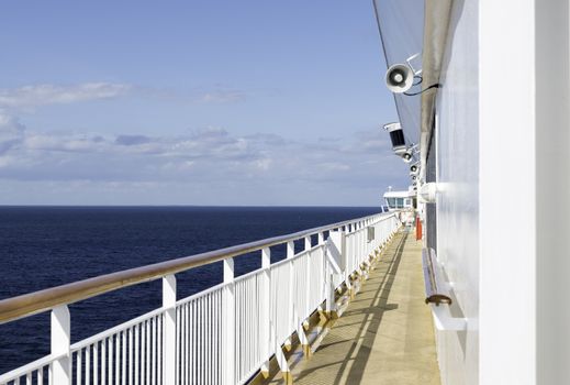 travel with cruise ship over the blue sea with horizon as background