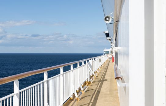 travel with cruise ship over the blue sea with horizon as background