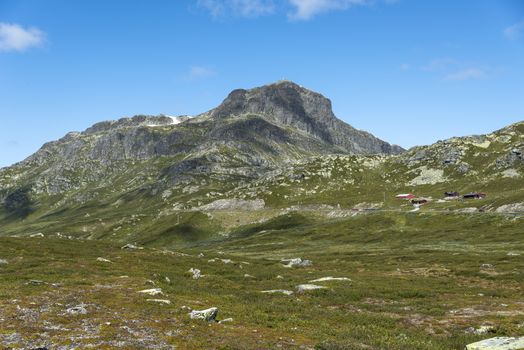 background of green hills and mountains in norway with blue sky background