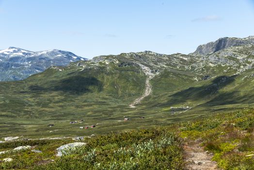 background of green hills and mountains in norway with blue sky background
