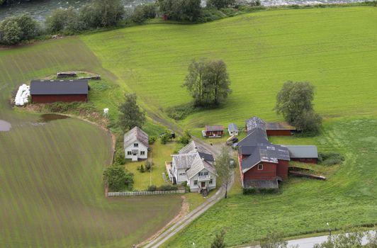 norway red wooden houses as a farm on green field