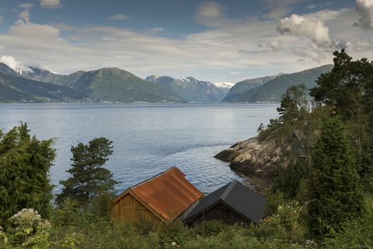 view on sognefjord in norway from Vik with balestrand across the water