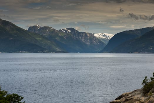 Sognefjord in norway with mountains and balestrand as background