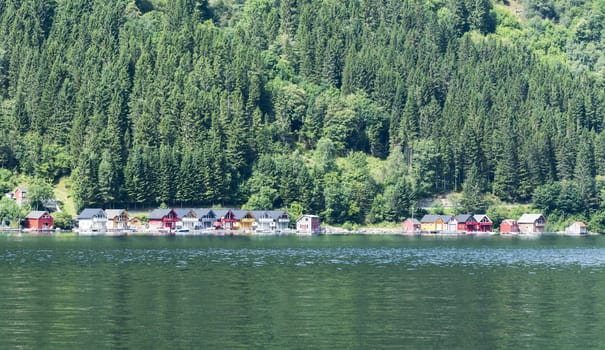 typical wooden houses in red orange and blue in the village called Vik at the sognefjord in Norway