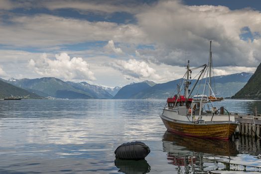 fishing boat in the harbor of Vik at the sognefjord in Norway