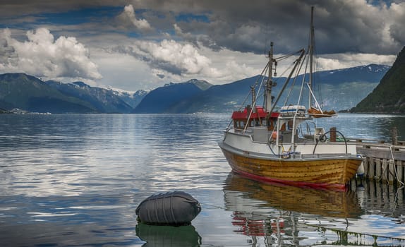 fishing boat in the harbor of Vik at the sognefjord in Norway