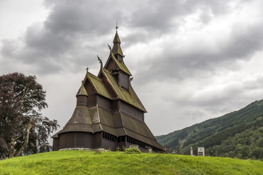 Famous landmark stave church in the village Vik in norway