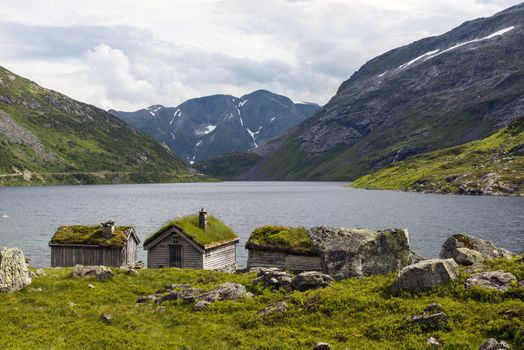 old fairytale-like house of wood with chimney of stacked slate and a roof with planting and trees on a fjord in Norway with garden with red flowers and green plants near Balastrand

