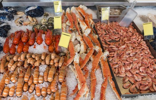 Various seafood on the shelves of the fish market in Norway, Bergen
