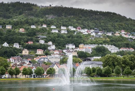 fountain and houses in norway city of Bergen