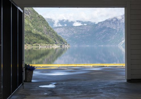 view from the jetty on the eidfjord in norway in summer