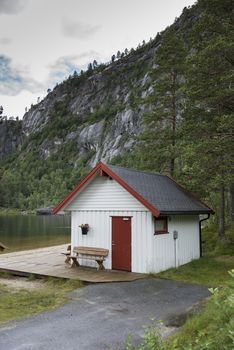 white typical wooden house in norway at the highlands near valle