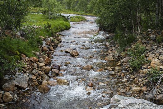 waterfall with green forest and rown rocks in norway