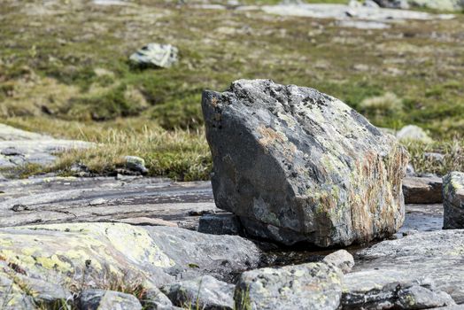 big rock in the mountains of norway with fields of nature as background