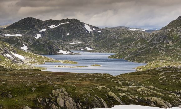 high plains in norway near valle with mountains with white snow in summer and small water ponds between the green moss on the rocks