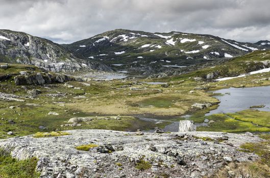 high plains in norway near valle with mountians with white snow in summer and small water ponds between the green moss on the rocks