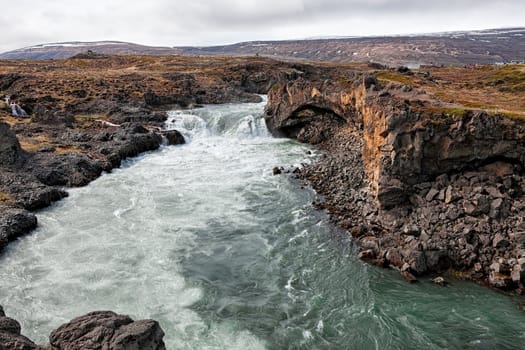 Panoramic view of the amazing Godafoss waterfall near Akureyri, Iceland