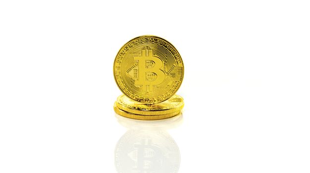 three bitcoins symbol for crypto currncy isolated on white background