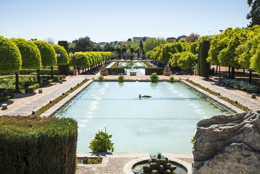 moorish gardens with fountains in alcazar cordoba