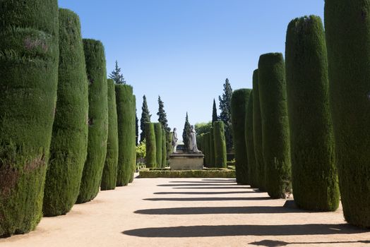 Garden with row conifers ending with a statue in alcazr cordoba