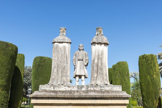 Old Stone Statues of the Christian Kings with Cristobal Colon in the gardens of the Alcazar in Cordoba Spain