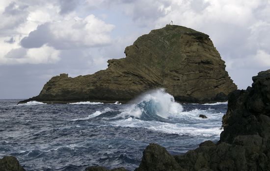 big wave on atlantic ocean north coast of madeira island nera porto moniz