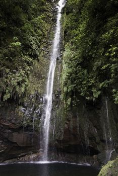 waterfall on madeira island on levada das 25 fontes tracking in wild nature