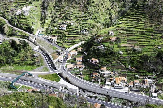 madeira teraaced green mountain with road and levada for water transport on the tropical island