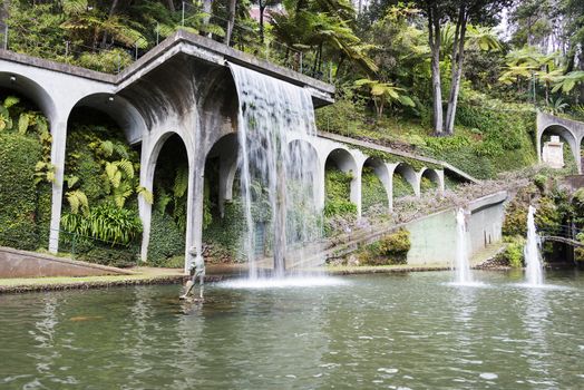 Waterfall in the tropican Monte Palace Garden. Funchal, Madeira, Portugal.