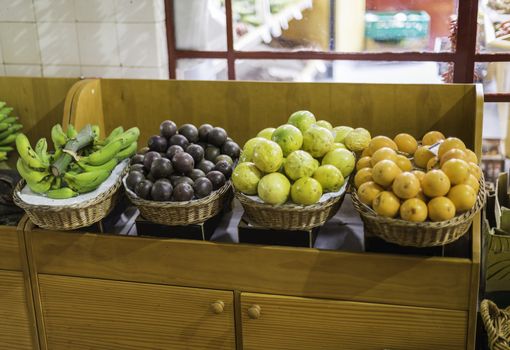 banana lemon orange and other tropical fruit on the fruit market in Funchal madeira