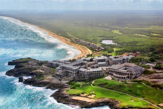 Aerial view of the unfinished hotel on the Atlantic coast. Punta Cana. Dominican Republic